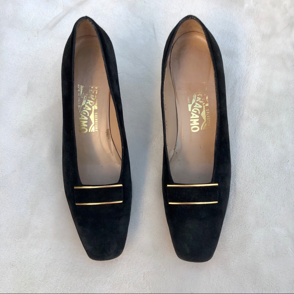 Salvatore Ferragamo Shoes Black Velvet Gold Trim Heels